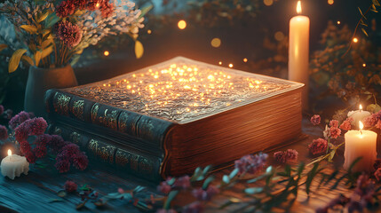 An ancient book with glowing magic on a table with candles and dried flowers. Fable. Illustration