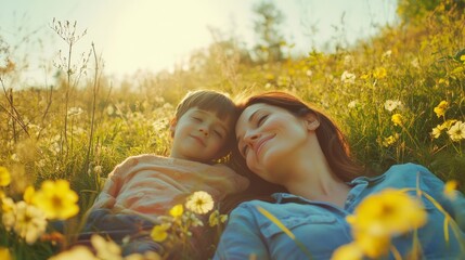 1.Mother and her son lying down on the beautiful spring field in the sunny park. Concept of the interesting of literature and family leisure: