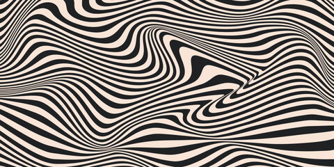 Fototapete - Abstract horizontal background with dynamic waves. Trendy vector illustration in style retro 60s, 70s. Beige and black colors	