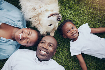 Wall Mural - Portrait, park or family on grass with dog, mother or dad in nature with child, love or support. Above, African parents or happy mom with father or girl kid with pet or golden retriever in Namibia