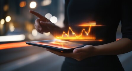 Poster - Woman using tablet, viewing upward trending graph.