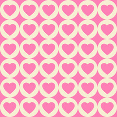 Poster - Romantic monochrome seamless pattern in style 60s, 70s. Hearts and circles shapes. Geometric minimal  vector print. Pink and beige colors	
