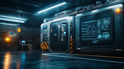 Wall Mural - a high tech maintenance area for advanced underground train systems visualized with holographic netw