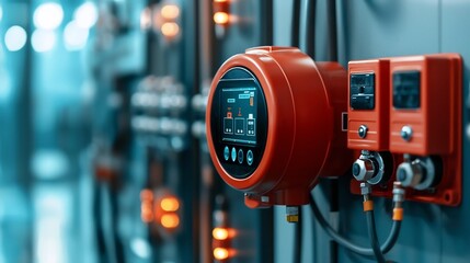 Wall Mural - futuristic digital fire alarm control panel displaying real time building sensor data and glowing ne