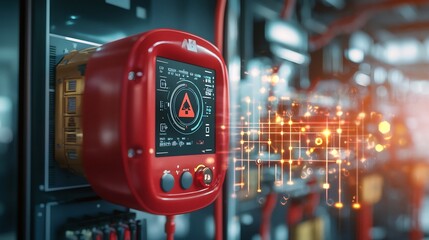 Wall Mural - detailed view of a digital fire alarm control panel displaying real time data from connected buildin