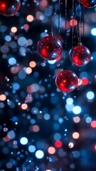 Wall Mural - bright red bubbles float against a blue and colorful bokeh background creating a festive atmosphere 