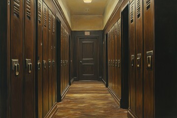 Aufkleber - Dark hallway with wooden lockers and a door at the end.