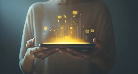 Fototapete - Woman holding tablet with glowing data visualization.