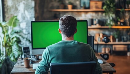 Poster - Man working from home, looking at green screen computer.