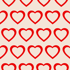 Poster - Minimalistic romantic seamless pattern of red hearts on a beige background. Trendy vector illustration in style retro 60s, 70s
