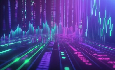 Poster - Abstract digital landscape with glowing data streams and financial charts.