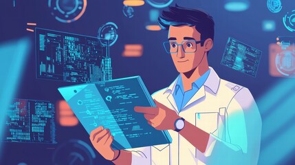 Scientist Analyzing Data with Technology Background and Futuristic Interface