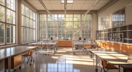 Poster - Sunlit modern science lab with workstations and large windows.