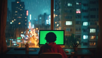 Poster - Person using green screen computer during rainy night cityscape.
