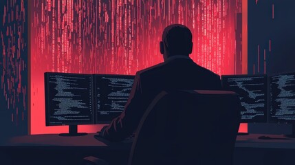 Dark Room with Coder Monitoring Data on Multiple Computer Screens