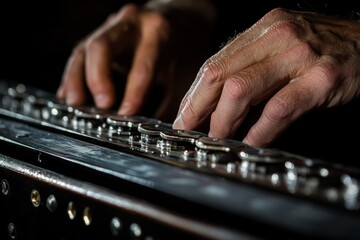 Poster - Close-up of hands playing a musical instrument with metal keys.