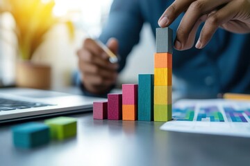 Poster - Person building colorful block chart, showing growth and success.