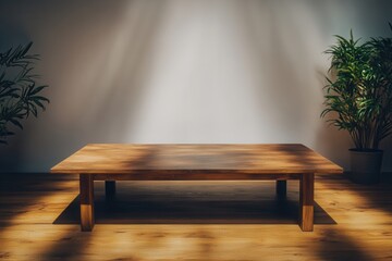 Wall Mural - A wooden table in a sunlit room with plants.