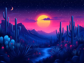 Wall Mural - Desert Sunset Landscape With Cacti Underneath Stars And Moon