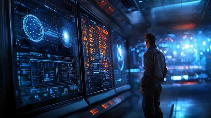Wall Mural - technician navigating through a high tech data center surrounded by holographic displays showcasing 