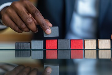 Poster - Hand placing grey block on red blocks.
