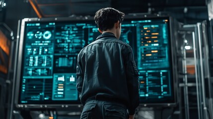 Wall Mural - technician standing in front of a massive digital dashboard displaying real time network activity an
