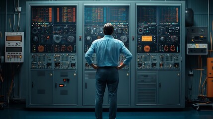 Wall Mural - technician standing in front of a massive digital dashboard displaying real time network activity an