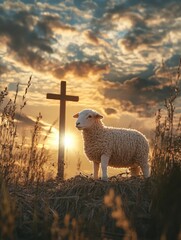 Sticker - Sheep near a cross in a field