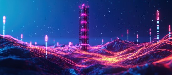 Wall Mural - futuristic neon tower on a glowing landscape.