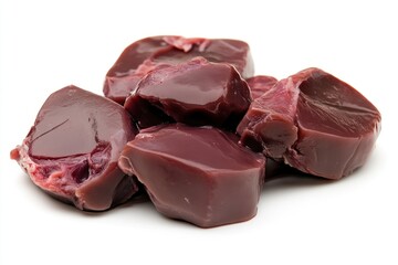 Poster - Close-up of raw, dark-red meat chunks, isolated on white.