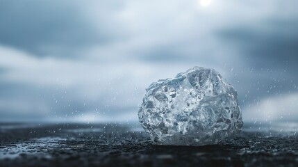 Large icy hailstone falling onto flat surface, glistening with water droplets, against a stormy sky backdrop. Natural beauty of perfectly round hailstone in motion.