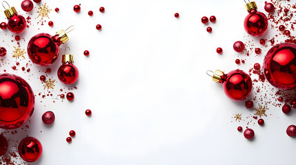 christmas card with red & gold christmas decorations on white background