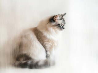 Wall Mural - Fluffy cat sitting, profile view, soft focus background.