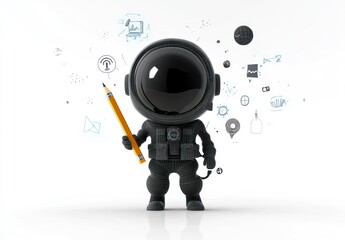 Poster - Cute astronaut holding pencil, surrounded by digital icons.