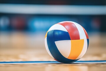 Wall Mural - Close-up of colorful volleyball on court.