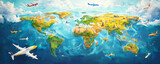 colorful world map with cartoon style airplanes flying across continents, showcasing landmarks, oceans, and vibrant skies, evoking sense of adventure and exploration