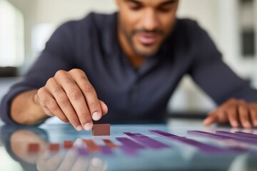 Fototapete - Man analyzing data with building blocks.