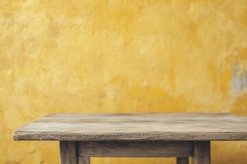 Wall Mural - Rustic wooden table against a textured yellow wall.