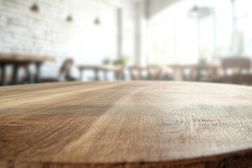 Canvas Print - A wooden table surface in a cozy caf? setting.