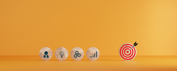 Wall Mural - woods block step on table with icon action plan, goal and target, success and business target concep