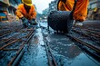 © md - Road construction worker leveling asphalt with a shovel. Focus on foreground
