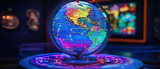 Wall Mural - illuminated globe on a futuristic display showcasing north and south america with vibrant light trai