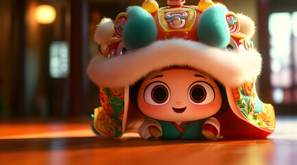 A cute cartoon character wearing a colorful traditional helmet, with big eyes, smiling warmly, set against a softly lit background.