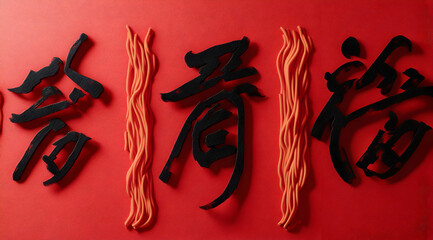 The image features stylized Chinese characters in black and red, set against a red background, conveying a vibrant cultural theme.