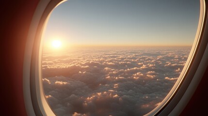 Wall Mural - a stunning sunset lights up the sky with warm hues, viewed from an airplane window above a blanket o