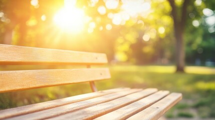 Wall Mural - warm sunlight spills over a wooden bench in a peaceful park, creating a serene atmosphere perfect fo