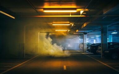 Smoke filling underground parking garage with orange fluorescent lights