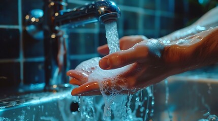 Washing hands with soap under running water in the bathroom