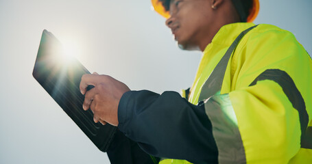 Aufkleber - Hands, engineer and outdoor with tablet for inspection, maintenance and low angle with app in sunshine. Person, technician and digital touchscreen with review, feedback and construction in Costa Rica