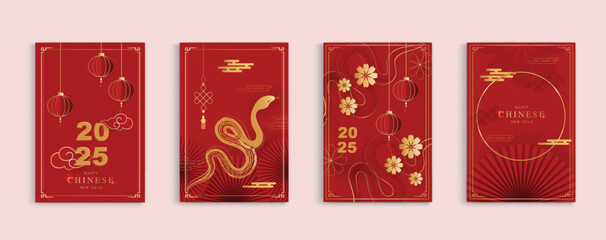 chinese new year 2025 modern art design set in red gold background. lunar new year 2025 for cover, c